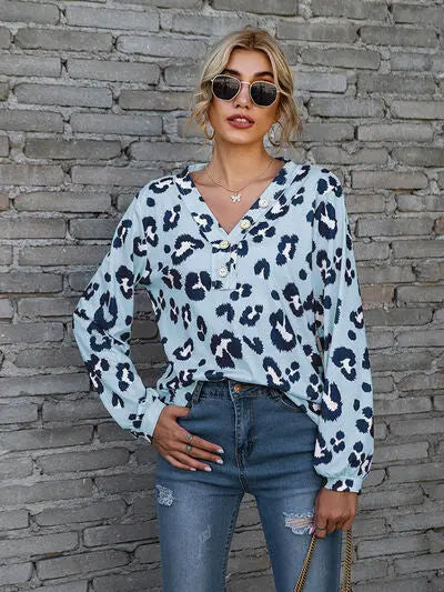 Blue Zone Planet |  Leopard V-Neck Decorative Button Long Sleeve Blouse BLUE ZONE PLANET