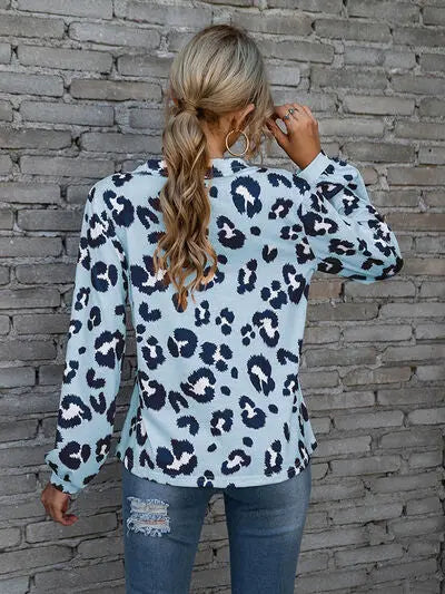 Blue Zone Planet |  Leopard V-Neck Decorative Button Long Sleeve Blouse BLUE ZONE PLANET