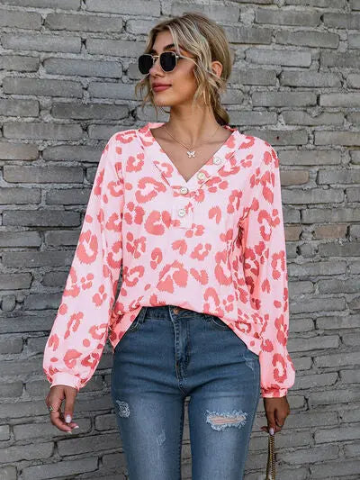 Blue Zone Planet |  Leopard V-Neck Decorative Button Long Sleeve Blouse BLUE ZONE PLANET