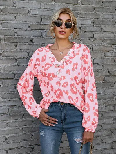 Blue Zone Planet |  Leopard V-Neck Decorative Button Long Sleeve Blouse BLUE ZONE PLANET