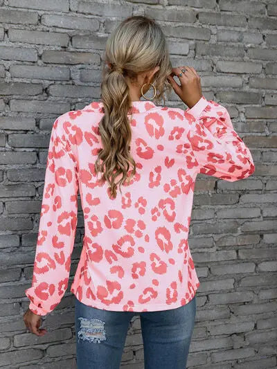 Blue Zone Planet |  Leopard V-Neck Decorative Button Long Sleeve Blouse BLUE ZONE PLANET