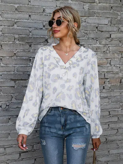 Blue Zone Planet |  Leopard V-Neck Decorative Button Long Sleeve Blouse BLUE ZONE PLANET