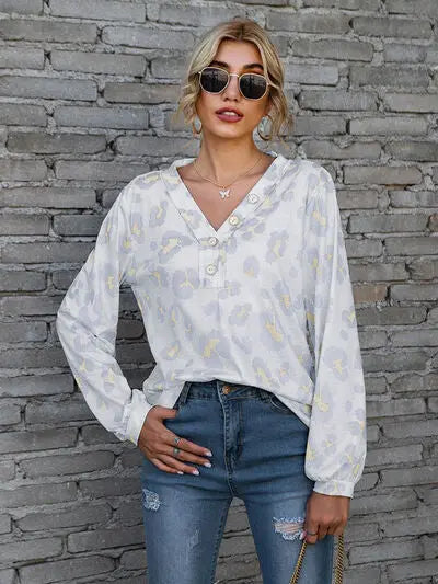 Blue Zone Planet |  Leopard V-Neck Decorative Button Long Sleeve Blouse BLUE ZONE PLANET