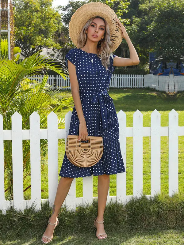 Blue Zone Planet |  Lily's Woven Polka Dot Pleated Midi Dress BLUE ZONE PLANET