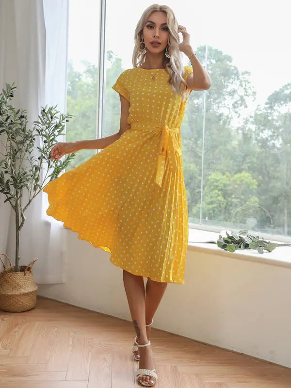 Blue Zone Planet |  Lily's Woven Polka Dot Pleated Midi Dress BLUE ZONE PLANET