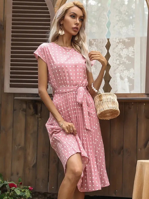Blue Zone Planet |  Lily's Woven Polka Dot Pleated Midi Dress BLUE ZONE PLANET
