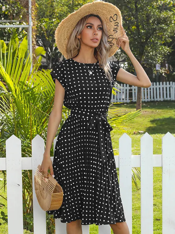Blue Zone Planet |  Lily's Woven Polka Dot Pleated Midi Dress BLUE ZONE PLANET