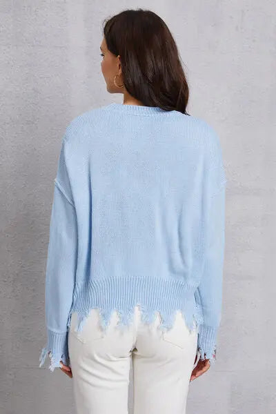 Blue Zone Planet |  Lip Fringe Round Neck Sweater BLUE ZONE PLANET