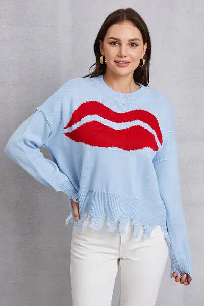 Blue Zone Planet |  Lip Fringe Round Neck Sweater BLUE ZONE PLANET