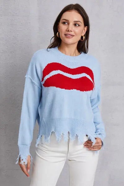 Blue Zone Planet |  Lip Fringe Round Neck Sweater BLUE ZONE PLANET