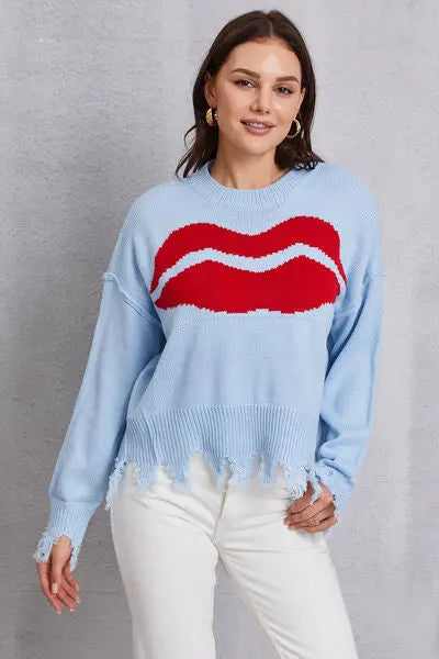 Blue Zone Planet |  Lip Fringe Round Neck Sweater BLUE ZONE PLANET