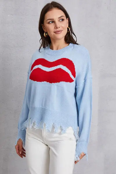 Blue Zone Planet |  Lip Fringe Round Neck Sweater BLUE ZONE PLANET