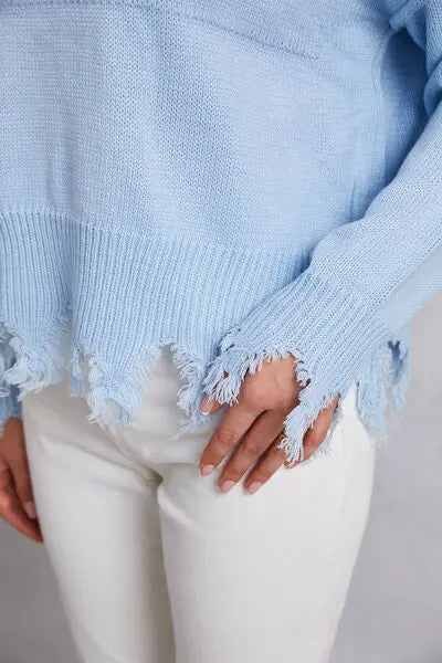 Blue Zone Planet |  Lip Fringe Round Neck Sweater BLUE ZONE PLANET