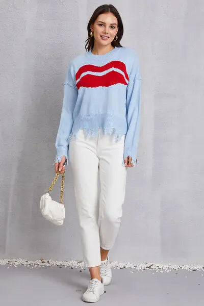 Blue Zone Planet |  Lip Fringe Round Neck Sweater BLUE ZONE PLANET