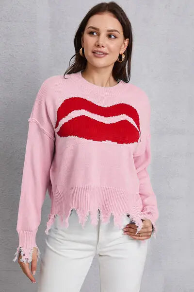 Blue Zone Planet |  Lip Fringe Round Neck Sweater BLUE ZONE PLANET
