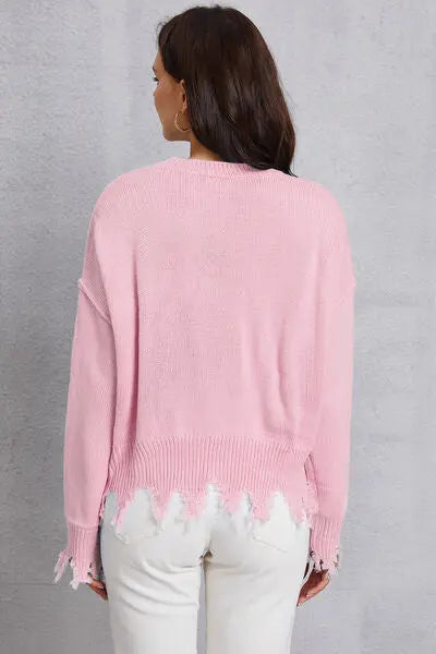 Blue Zone Planet |  Lip Fringe Round Neck Sweater BLUE ZONE PLANET