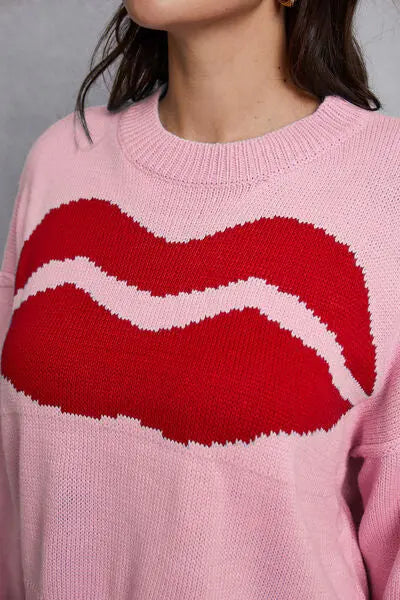 Blue Zone Planet |  Lip Fringe Round Neck Sweater BLUE ZONE PLANET