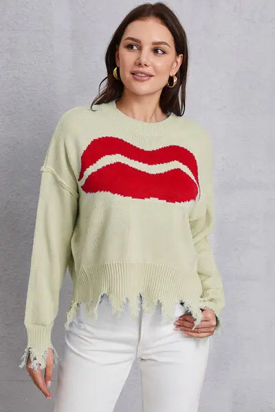 Blue Zone Planet |  Lip Fringe Round Neck Sweater BLUE ZONE PLANET