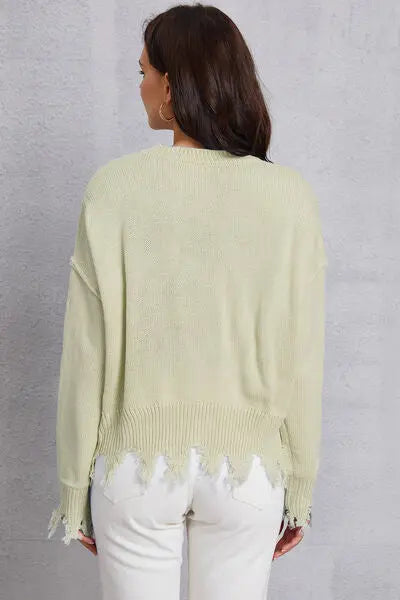 Blue Zone Planet |  Lip Fringe Round Neck Sweater BLUE ZONE PLANET