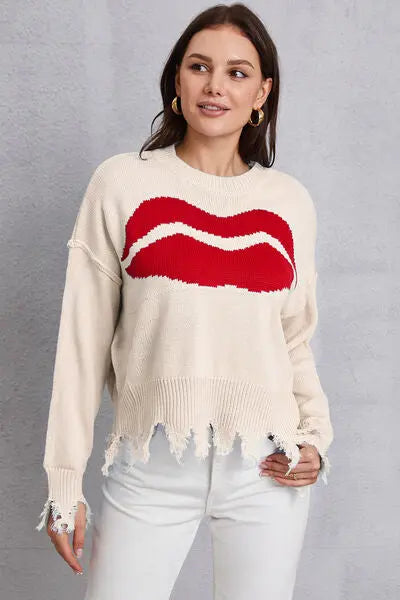 Blue Zone Planet |  Lip Fringe Round Neck Sweater BLUE ZONE PLANET