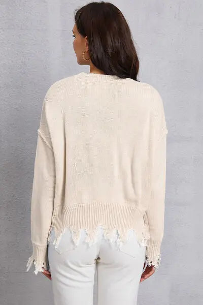 Blue Zone Planet |  Lip Fringe Round Neck Sweater BLUE ZONE PLANET