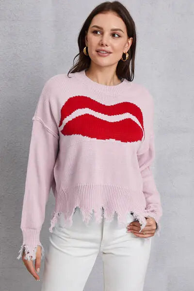 Blue Zone Planet |  Lip Fringe Round Neck Sweater BLUE ZONE PLANET