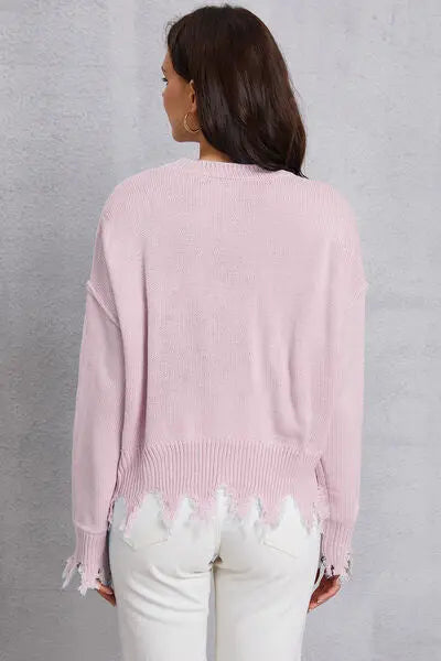 Blue Zone Planet |  Lip Fringe Round Neck Sweater BLUE ZONE PLANET