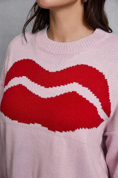 Blue Zone Planet |  Lip Fringe Round Neck Sweater BLUE ZONE PLANET