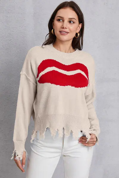 Blue Zone Planet |  Lip Fringe Round Neck Sweater BLUE ZONE PLANET