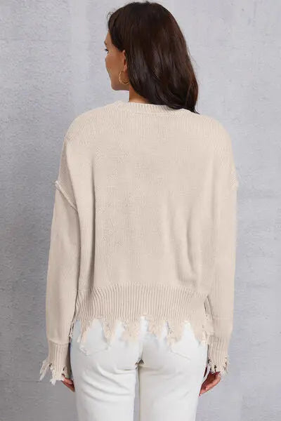 Blue Zone Planet |  Lip Fringe Round Neck Sweater BLUE ZONE PLANET