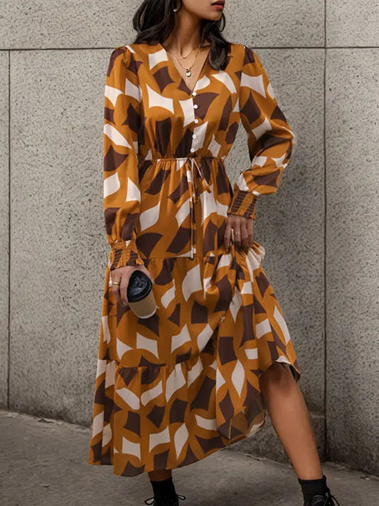 Blue Zone Planet |  Long Sleeve Geometric Print V-Neck Midi Dress BLUE ZONE PLANET