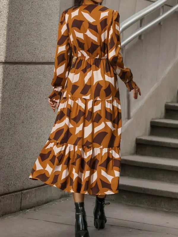 Blue Zone Planet |  Long Sleeve Geometric Print V-Neck Midi Dress BLUE ZONE PLANET