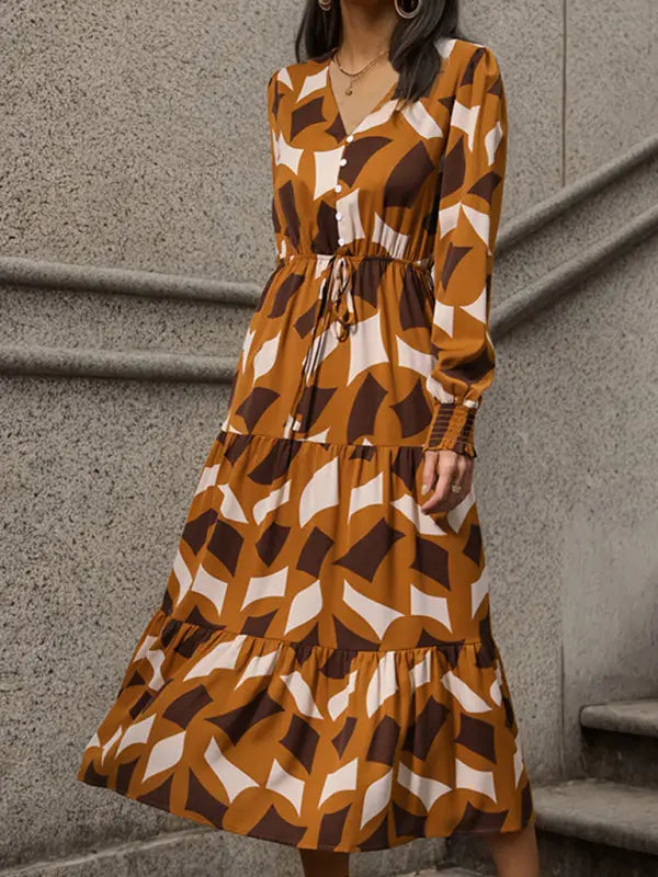 Blue Zone Planet |  Long Sleeve Geometric Print V-Neck Midi Dress BLUE ZONE PLANET
