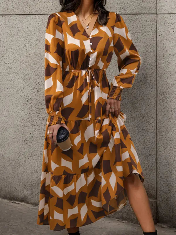 Blue Zone Planet |  Long Sleeve Geometric Print V-Neck Midi Dress BLUE ZONE PLANET