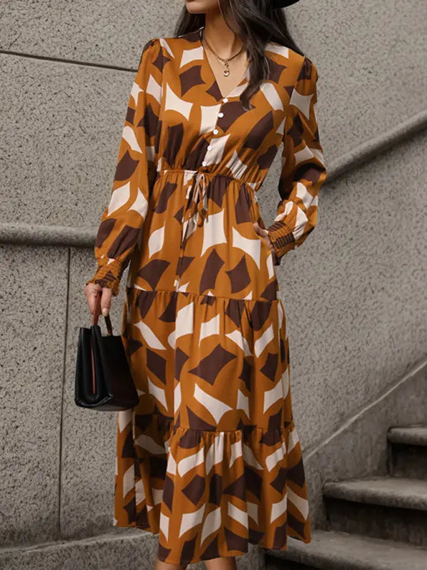 Blue Zone Planet |  Long Sleeve Geometric Print V-Neck Midi Dress BLUE ZONE PLANET