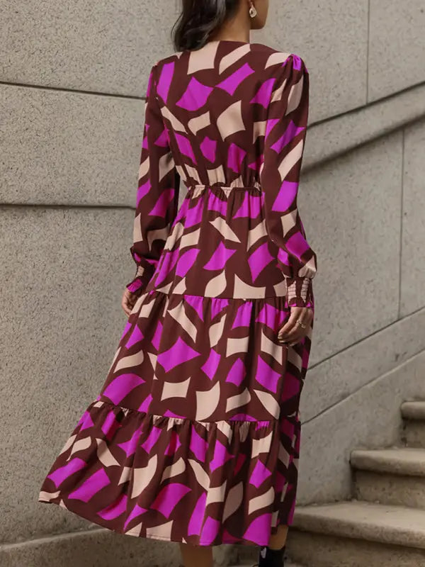 Blue Zone Planet |  Long Sleeve Geometric Print V-Neck Midi Dress BLUE ZONE PLANET