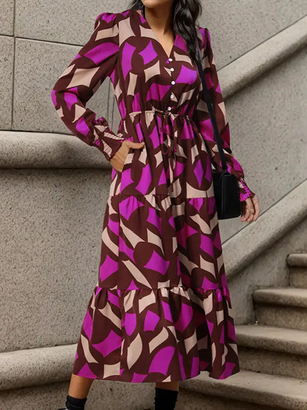 Blue Zone Planet |  Long Sleeve Geometric Print V-Neck Midi Dress BLUE ZONE PLANET