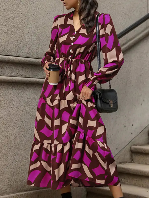 Blue Zone Planet |  Long Sleeve Geometric Print V-Neck Midi Dress BLUE ZONE PLANET