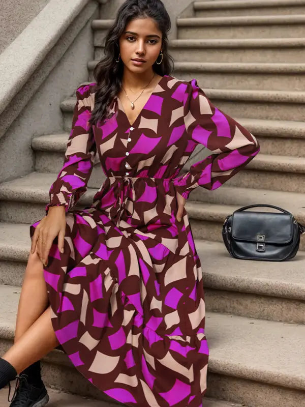 Blue Zone Planet |  Long Sleeve Geometric Print V-Neck Midi Dress BLUE ZONE PLANET