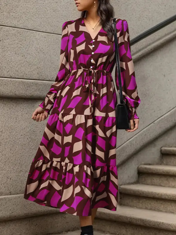 Blue Zone Planet |  Long Sleeve Geometric Print V-Neck Midi Dress BLUE ZONE PLANET