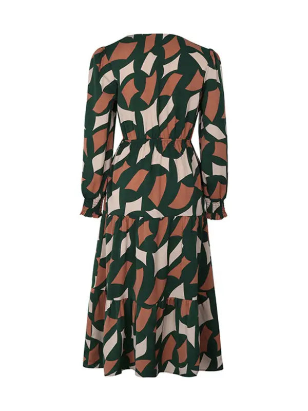 Blue Zone Planet |  Long Sleeve Geometric Print V-Neck Midi Dress BLUE ZONE PLANET