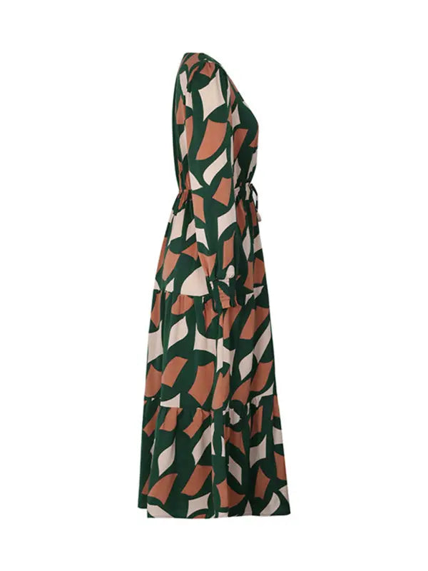 Blue Zone Planet |  Long Sleeve Geometric Print V-Neck Midi Dress BLUE ZONE PLANET