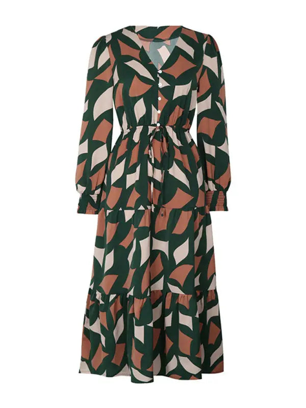 Blue Zone Planet |  Long Sleeve Geometric Print V-Neck Midi Dress BLUE ZONE PLANET