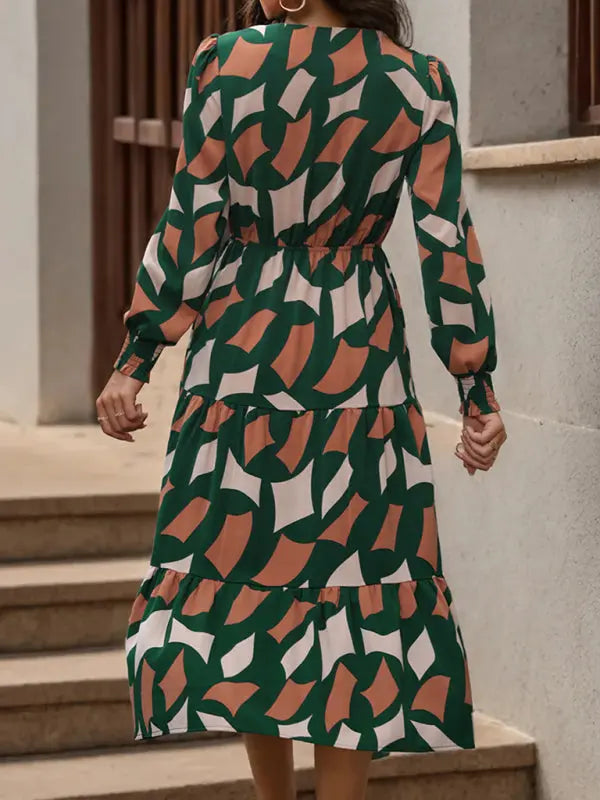 Blue Zone Planet |  Long Sleeve Geometric Print V-Neck Midi Dress BLUE ZONE PLANET