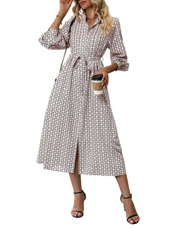 Blue Zone Planet |  Long Sleeve Printed Midi Dress With High-Waist Tie Belt BLUE ZONE PLANET