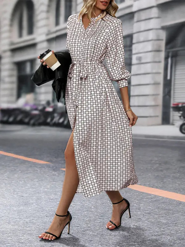 Blue Zone Planet |  Long Sleeve Printed Midi Dress With High-Waist Tie Belt BLUE ZONE PLANET