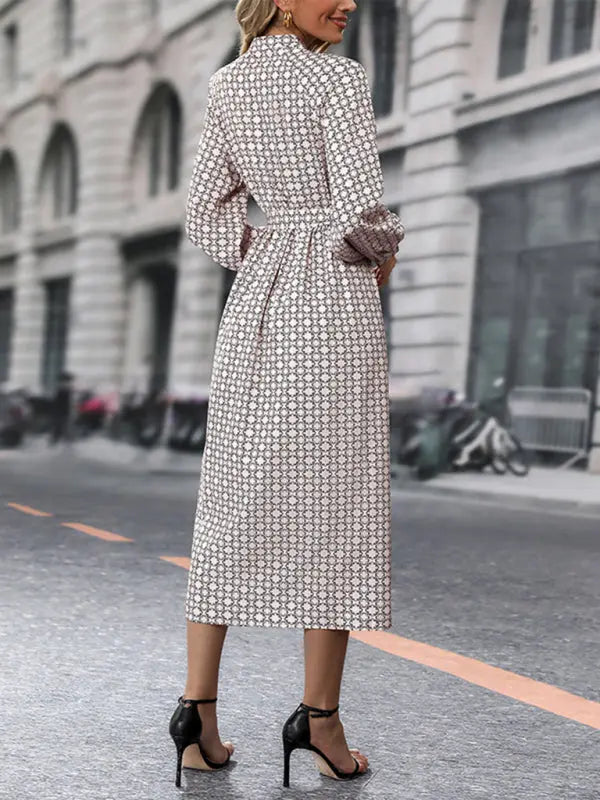 Blue Zone Planet |  Long Sleeve Printed Midi Dress With High-Waist Tie Belt BLUE ZONE PLANET