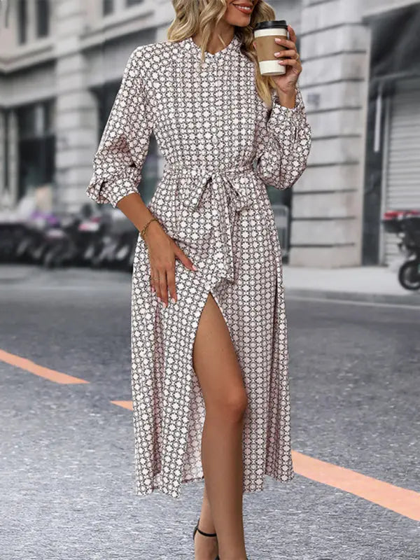 Blue Zone Planet |  Long Sleeve Printed Midi Dress With High-Waist Tie Belt BLUE ZONE PLANET