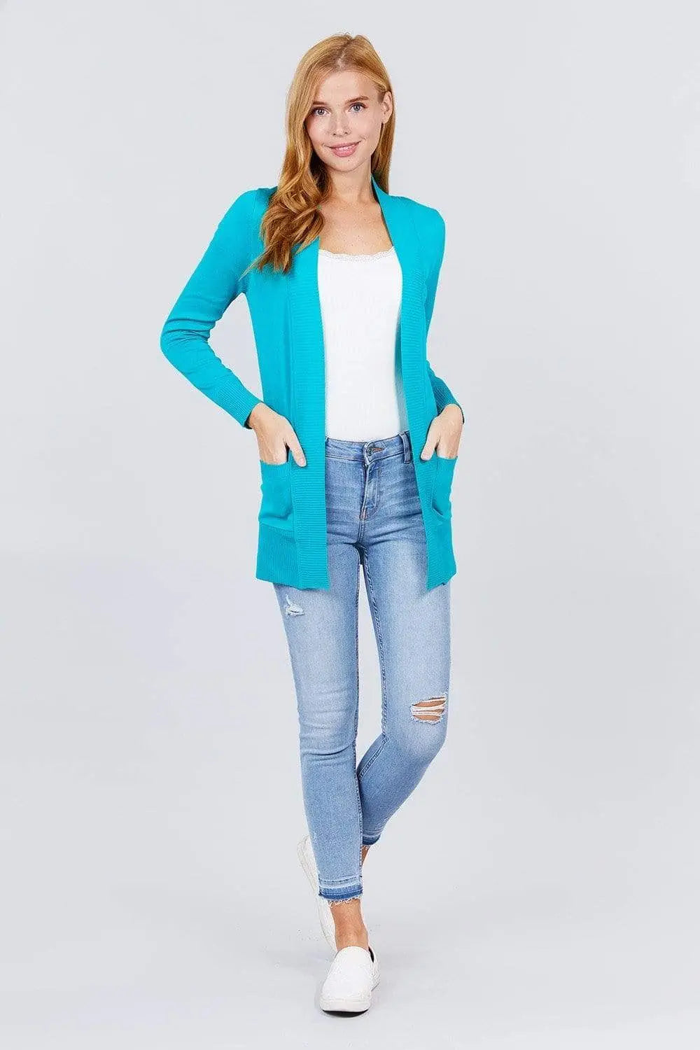 Blue Zone Planet |  Long Sleeve Rib Banded Open Sweater Cardigan With Pockets Blue Zone Planet
