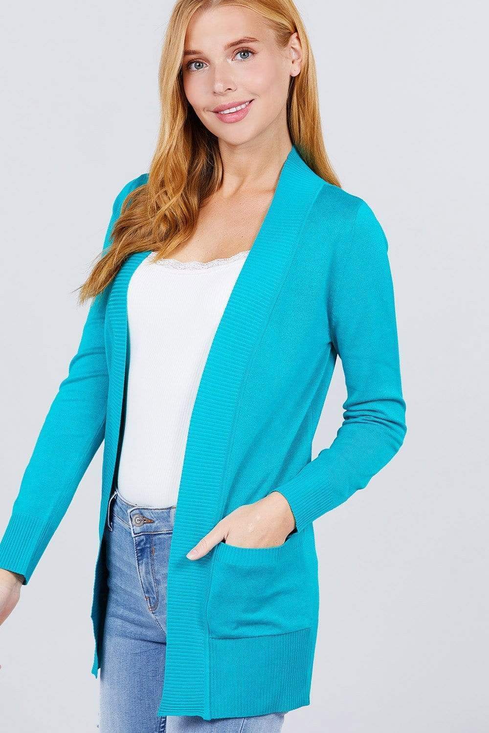 Blue Zone Planet |  Long Sleeve Rib Banded Open Sweater Cardigan With Pockets Blue Zone Planet